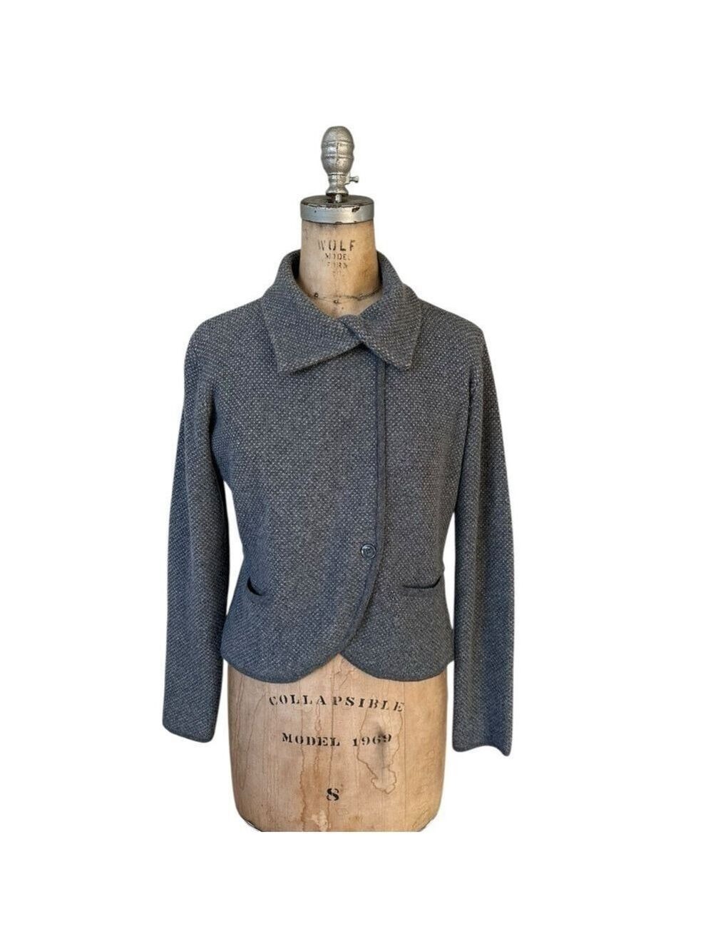 Max Mara Asymmetrical Sweater Blazer 100% Cashmere Gray with white Dots Size M
